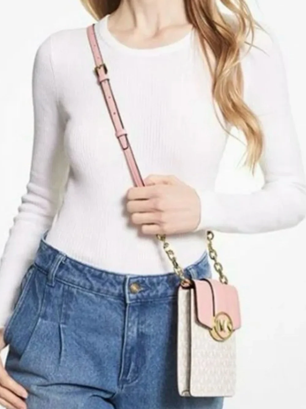 MICHAEL KORS Pale Pink Leather Mini Crossbody Wallet